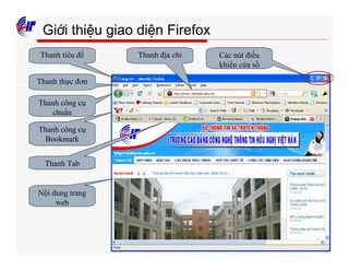 289
Giới thiệu giao diện Firefox
Thanh tiêu đề
Thanh thực đơn
Thanh công cụ
chuẩn
Thanh công cụ
Bookmark
Thanh Tab
Nội dung trang
web
Các nút điều
khiển cửa sổ
Thanh địa chỉ
 
