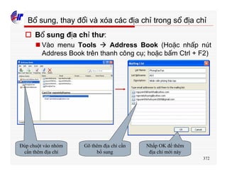 372
Bổ sung, thay đổi và xóa các địa chỉ trong sổ địa chỉ
o Bổ sung địa chỉ thư:
n Vào menu Tools à Address Book (Hoặc nhấp nút
Address Book trên thanh công cụ; hoặc bấm Ctrl + F2)
Đúp chuột vào nhóm
cần thêm địa chỉ
Gõ thêm địa chỉ cần
bổ sung
Nhấp OK để thêm
địa chỉ mới này
 