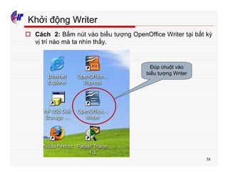 38
Khởi động Writer
o Cách 2: Bấm nút vào biểu tượng OpenOffice Writer tại bất kỳ
vị trí nào mà ta nhìn thấy.
Đúp chuột vào
biểu tượng Writer
 