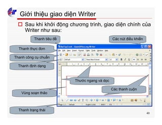 40
Giới thiệu giao diện Writer
o Sau khi khởi động chương trình, giao diện chính của
Writer như sau:
Thanh tiêu đề Các nút điều khiển
Thanh thực đơn
Thanh công cụ chuẩn
Thanh định dạng
Thanh trạng thái
Vùng soạn thảo
Thước ngang và dọc
Các thanh cuộn
 