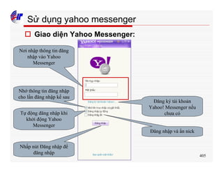 405
Sử dụng yahoo messenger
o Giao diện Yahoo Messenger:
Nơi nhập thông tin đăng
nhập vào Yahoo
Messenger
Nhớ thông tin đăng nhập
cho lần đăng nhập kế sau
Tự động đăng nhập khi
khởi động Yahoo
Messenger
Nhấp nút Đăng nhập để
đăng nhập
Đăng nhập và ẩn nick
Đăng ký tài khoản
Yahoo! Messenger nếu
chưa có
 