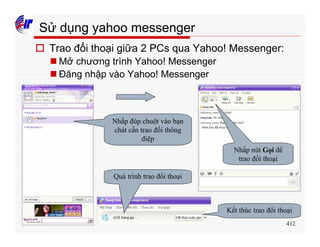 412
Sử dụng yahoo messenger
o Trao đổi thoại giữa 2 PCs qua Yahoo! Messenger:
n Mở chương trình Yahoo! Messenger
n Đăng nhập vào Yahoo! Messenger
Nhấp đúp chuột vào bạn
chát cần trao đổi thông
điệp
Nhấp nút Gọi để
trao đổi thoại
Quá trình trao đổi thoại
Kết thúc trao đổi thoại
 