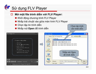 441
Sử dụng FLV Player
o Mở một file trình diễn với FLV Player:
n Khởi động chương trình FLV Player
n Nhấp trái chuột vào giữa màn hình FLV Player
n Chọn tập tin trình diễn
n Nhấp nút Open để trình diễn
Chọn tập trình
cần trình diễn
Nhấp nút Open
để trình diễn
 