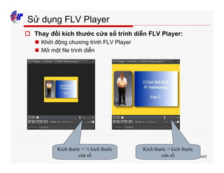 443
Sử dụng FLV Player
o Thay đổi kích thước cửa sổ trình diễn FLV Player:
n Khởi động chương trình FLV Player
n Mở một file trình diễn
Kích thước = ½ kích thước
cửa sổ
Kích thước = kích thước
cửa sổ
 