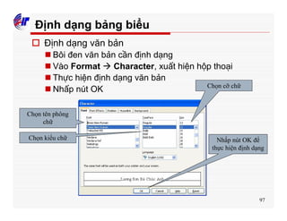 97
Định dạng bảng biểu
o Định dạng văn bản
n Bôi đen văn bản cần định dạng
n Vào Format à Character, xuất hiện hộp thoại
n Thực hiện định dạng văn bản
n Nhấp nút OK
Chọn tên phông
chữ
Chọn cỡ chữ
Chọn kiểu chữ Nhấp nút OK để
thực hiện định dạng
 