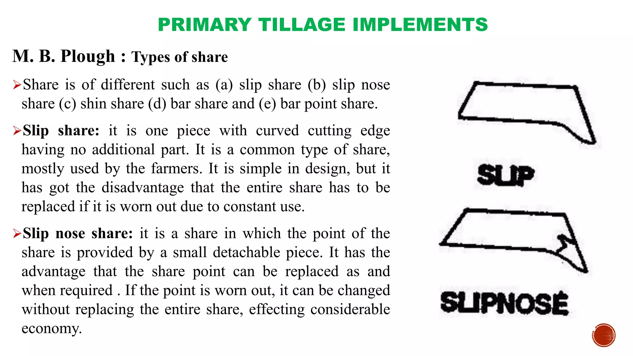 PRIMARY TILLAGE IMPLEMENTS
M. B. Plough : Types of share
Share is of different such as (a) slip share (b) slip nose
share (c) shin share (d) bar share and (e) bar point share.
Slip share: it is one piece with curved cutting edge
having no additional part. It is a common type of share,
mostly used by the farmers. It is simple in design, but it
has got the disadvantage that the entire share has to be
replaced if it is worn out due to constant use.
Slip nose share: it is a share in which the point of the
share is provided by a small detachable piece. It has the
advantage that the share point can be replaced as and
when required . If the point is worn out, it can be changed
without replacing the entire share, effecting considerable
economy.
 