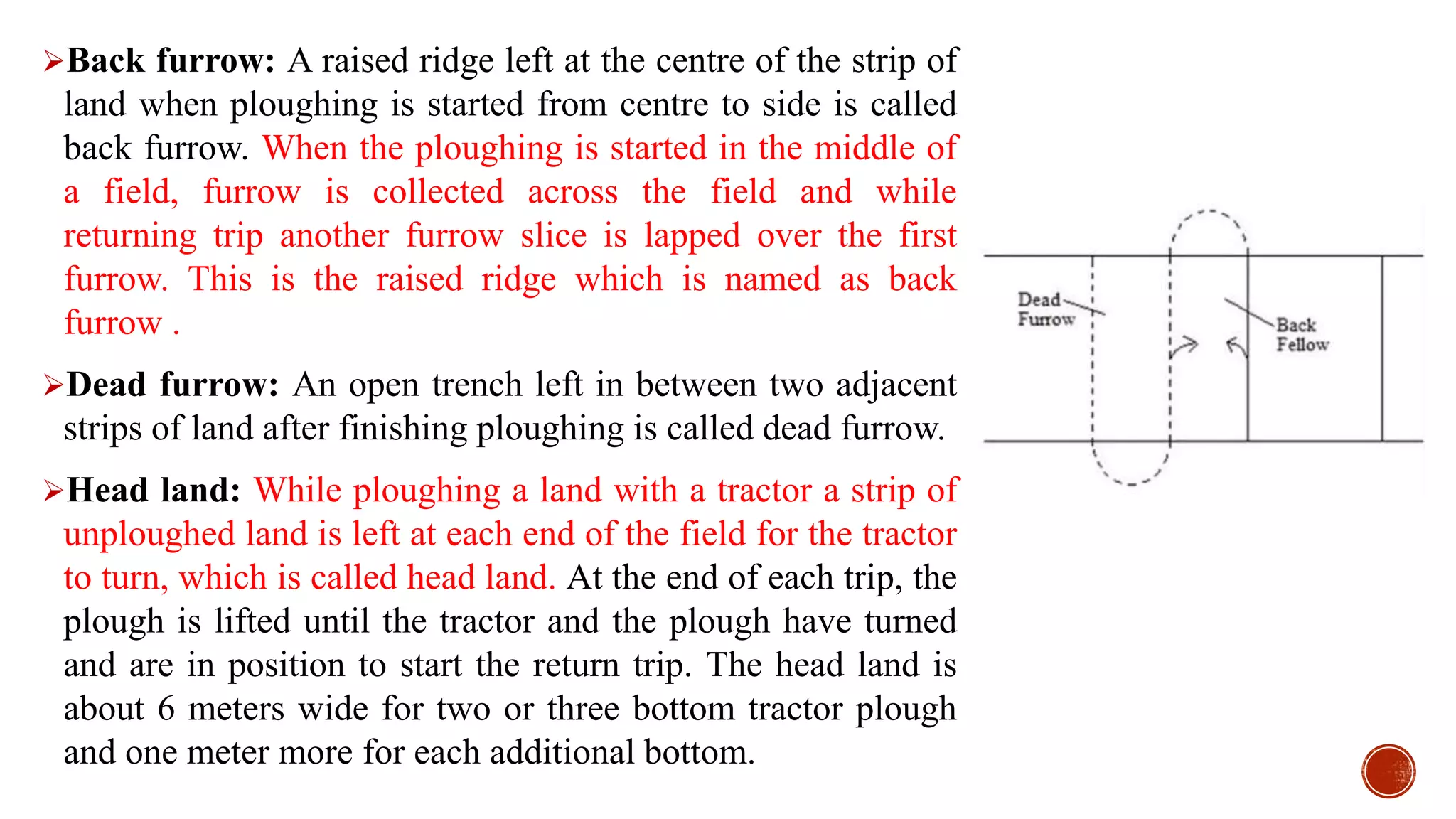 Back furrow: A raised ridge left at the centre of the strip of
land when ploughing is started from centre to side is called
back furrow. When the ploughing is started in the middle of
a field, furrow is collected across the field and while
returning trip another furrow slice is lapped over the first
furrow. This is the raised ridge which is named as back
furrow .
Dead furrow: An open trench left in between two adjacent
strips of land after finishing ploughing is called dead furrow.
Head land: While ploughing a land with a tractor a strip of
unploughed land is left at each end of the field for the tractor
to turn, which is called head land. At the end of each trip, the
plough is lifted until the tractor and the plough have turned
and are in position to start the return trip. The head land is
about 6 meters wide for two or three bottom tractor plough
and one meter more for each additional bottom.
 