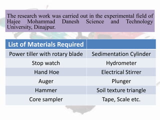 The research work was carried out in the experimental field of
Hajee Mohammad Danesh Science and Technology
University, Dinajpur.
List of Materials Required
Power tiller with rotary blade Sedimentation Cylinder
Stop watch Hydrometer
Hand Hoe Electrical Stirrer
Auger Plunger
Hammer Soil texture triangle
Core sampler Tape, Scale etc.
 