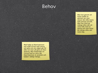 Behov
                                  Man kan genom att
                                  kasta spillet av
                                  pennan när man
                                  vässar den eller kasta
                                  hela pennan på folk.
                                  Man kan hitta på
                                  många olika sätt att
                                  störa folk med en
                                  penna och man hittar
                                  på många olika sätt
                                  varje dag.




Med hjälp av blyertspennan
och sudd så kan man skissa
och göra om om något går fel
eller om man vill göra en liten
ändring. Man förbereder en
ritning med en skiss där
blyertspennan är används och
hjälper väldigt många.
 