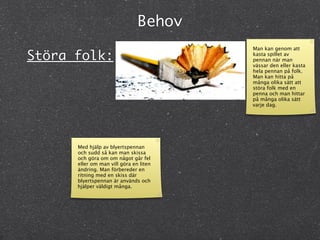 Behov
                                        Man kan genom att
Störa folk:                             kasta spillet av
                                        pennan när man
                                        vässar den eller kasta
                                        hela pennan på folk.
                                        Man kan hitta på
                                        många olika sätt att
                                        störa folk med en
                                        penna och man hittar
                                        på många olika sätt
                                        varje dag.




      Med hjälp av blyertspennan
      och sudd så kan man skissa
      och göra om om något går fel
      eller om man vill göra en liten
      ändring. Man förbereder en
      ritning med en skiss där
      blyertspennan är används och
      hjälper väldigt många.
 