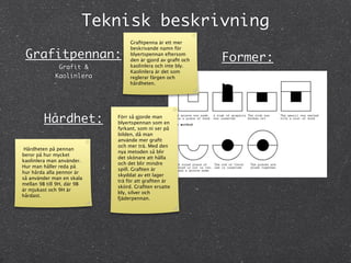 Teknisk beskrivning
                                 Graﬁtpenna är ett mer
                                 beskrivande namn för
 Grafitpennan:                   blyertspennan eftersom
                                 den är gjord av graﬁt och   Former:
              Grafit &           kaolinlera och inte bly.
                                 Kaolinlera är det som
             Kaolinlera          reglerar färgen och
                                 hårdheten.




         Hårdhet:           Förr så gjorde man
                            blyertspennan som en
                            fyrkant, som ni ser på
                            bilden, då man
                            använde mer graﬁt
                            och mer trä. Med den
 Hårdheten på pennan
                            nya metoden så blir
beror på hur mycket
                            det skönare att hålla
kaolinlera man använder.
                            och det blir mindre
Hur man håller reda på
                            spill. Graﬁten är
hur hårda alla pennor är
                            skyddat av ett lager
så använder man en skala
                            trä för att graﬁten är
mellan 9B till 9H, där 9B
                            skörd. Graﬁten ersatte
är mjukast och 9H är
                            bly, silver och
hårdast.
                            fjäderpennan.
 