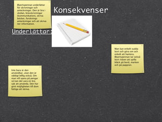 Blyertspennan underlättar


                                   Konsekvenser
     för skrivningar och
     anteckningar. Den är bra i
     skolan, brevskrivningar
     (kommunikation), skriva
     böcker, forsknings
     anteckningar och att skriva
     ner information.


Underlättar:

                                                  Man kan enkelt sudda
                                                  bort och göra om och
                                                  enkelt att hantera.
                                                  Blyertspennan tar också
                                                  bort risken att spilla
                                                  bläck på bord, marken
                                                  och på pappren.

Inte bara är den
användbar, utan den är
väldigt billig också. Om
man vill spara på pengar
så kan det vara en bra
sak att använda. Den har
givit möjligheten till dom
fattiga att skriva.
 