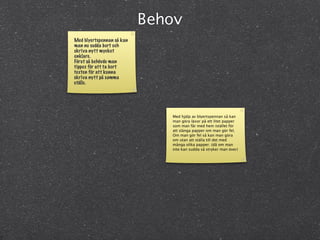 Behov
Med blyertspennan så kan
man nu sudda bort och
skriva nytt mycket
enklare.
Förut så behövde man
tippex för att ta bort
texten för att kunna
skriva nytt på samma
ställe.




                              Med hjälp av blyertspennan så kan
                              man göra läxor på ett litet papper
                              som man får med hem istället för
                              att slänga papper om man gör fel.
                              Om man gör fel så kan man göra
                              om utan att ställa till det med
                              många olika papper. (då om man
                              inte kan sudda så stryker man över)
 