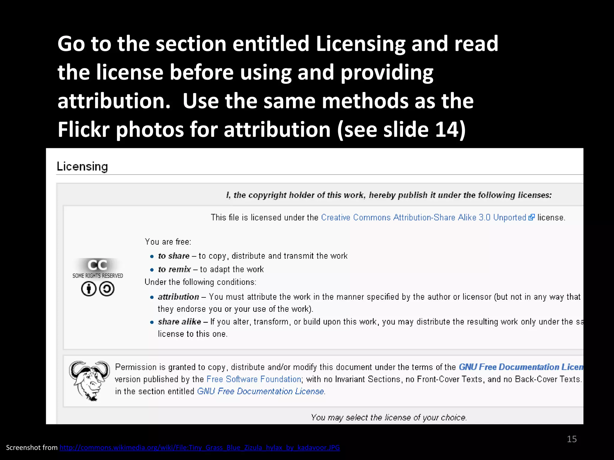 Go to the section entitled Licensing and read
               the license before using and providing
               attribution. Use the same methods as the
               Flickr photos for attribution (see slide 14)




                                                                                                      15
Screenshot from http://commons.wikimedia.org/wiki/File:Tiny_Grass_Blue_Zizula_hylax_by_kadavoor.JPG
 