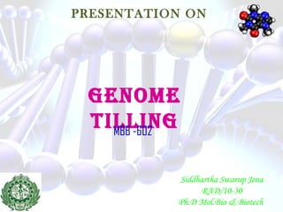 PRESENTATION ON
Targeting Induced Local Lesions In Genomes
MBB -602
Siddhartha Swarup Jena
RAD/10-30
Ph.D Mol.Bio & Biotech
 
PRESENTATION ON
Genome
TILLInGMBB -602
Siddhartha Swarup Jena
RAD/10-30
Ph.D Mol.Bio & Biotech
 