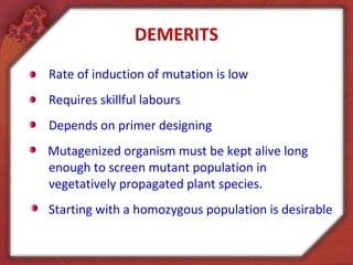 DEMERITS
Rate of induction of mutation is low
Requires skillful labours
Depends on primer designing
Mutagenized organism must be kept alive long
enough to screen mutant population in
vegetatively propagated plant species.
Starting with a homozygous population is desirable
 
