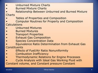 •      Unburned Mixture Charts
•      Burned Mixture Charts
•      Relationship Between Unburned and Burned Mixture
Charts
•      Tables of Properties and Composition
•      Computer Routines for Property and Composition
Calculations
•      Unburned Mixtures
•      Burned Mixtures
•      Transport Properties
•      Exhaust Gas Composition
•      Species Concentration Data
•      Equivalence Ratio Determination from Exhaust Gas
Constituents
•      Effects of Fuel/Air Ratio Nonuniformity
•      Combustion Inefficiency
•      Thermodynamic Relations for Engine Processes
•      Cycle Analysis with Ideal Gas Working Fluid with
Constant volume, and Constant pressure Constant

4/3/2012                 Tillman Hatcher                  4
 