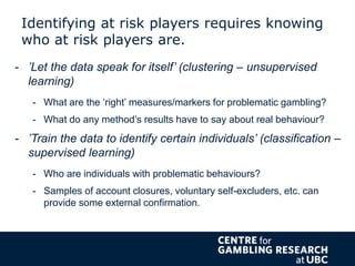 Identifying at risk players requires knowing
who at risk players are.
- ’Let the data speak for itself’ (clustering – unsu...