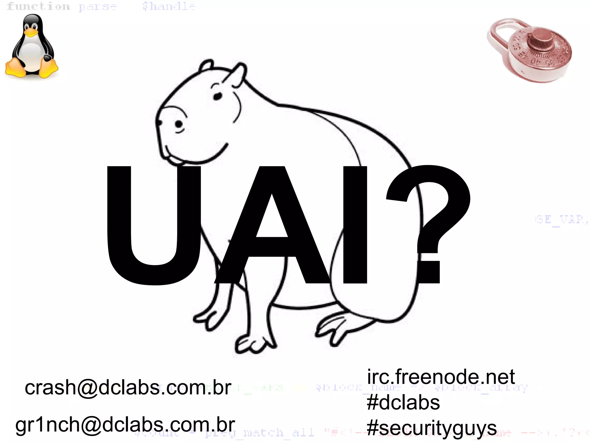 UAI?
crash@dclabs.com.br    irc.freenode.net
                       #dclabs
gr1nch@dclabs.com.br   #securityguys
 