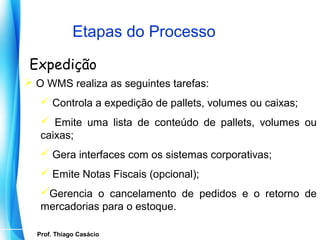 Etapas do Processo

Expedição
 O WMS realiza as seguintes tarefas:
     Controla a expedição de pallets, volumes ou caixas;
     Emite uma lista de conteúdo de pallets, volumes ou
    caixas;
     Gera interfaces com os sistemas corporativas;
     Emite Notas Fiscais (opcional);
    Gerencia o cancelamento de pedidos e o retorno de
    mercadorias para o estoque.

    Prof. Thiago Casácio
 Prof. Mario Silvestri Filho
 