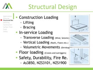 Structural Design
 Construction Loading
 Lifting
 Bracing
 In-service Loading
 Transverse Loading (Wind, Seismic)
 Vertical Loading (Roofs, Floors etc.)
 Volumetric Movements (Shrinkages)
 Floor loading (Cranes and outriggers)
 Safety, Durability, Fire Re.
 As3850, NZS3101, NZS1900
Applications
Planning
Structural Des
Detailing
Construction
Surface Treat.
Costs
Safety
 