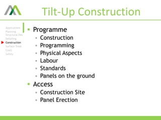 Tilt-Up Construction
 Programme
 Construction
 Programming
 Physical Aspects
 Labour
 Standards
 Panels on the ground
 Access
 Construction Site
 Panel Erection
Applications
Planning
Structural Des
Detailing
Construction
Surface Treat.
Costs
Safety
 
