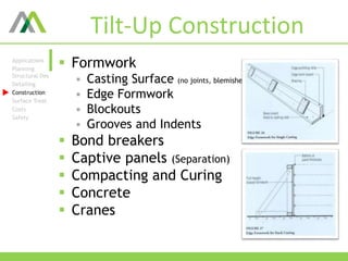 Tilt-Up Construction
 Formwork
 Casting Surface (no joints, blemishes)
 Edge Formwork
 Blockouts
 Grooves and Indents
 Bond breakers
 Captive panels (Separation)
 Compacting and Curing
 Concrete
 Cranes
Applications
Planning
Structural Des
Detailing
Construction
Surface Treat.
Costs
Safety
 