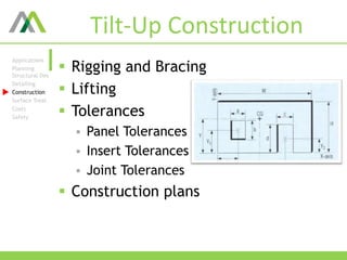 Tilt-Up Construction
 Rigging and Bracing
 Lifting
 Tolerances
 Panel Tolerances
 Insert Tolerances
 Joint Tolerances
 Construction plans
Applications
Planning
Structural Des
Detailing
Construction
Surface Treat.
Costs
Safety
 