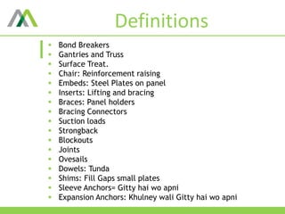 Definitions
 Bond Breakers
 Gantries and Truss
 Surface Treat.
 Chair: Reinforcement raising
 Embeds: Steel Plates on panel
 Inserts: Lifting and bracing
 Braces: Panel holders
 Bracing Connectors
 Suction loads
 Strongback
 Blockouts
 Joints
 Ovesails
 Dowels: Tunda
 Shims: Fill Gaps small plates
 Sleeve Anchors= Gitty hai wo apni
 Expansion Anchors: Khulney wali Gitty hai wo apni
 
