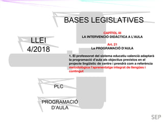 TIL TILC
BASES LEGISLATIVES
LLEI
4/2018
PLC
PROGRAMACIÓ
D’AULA
CAPÍTOL III
LA INTERVENCIÓ DIDÀCTICA A L’AULA
Art. 21
La PROGRAMACIÓ D’AULA
1. El professorat del sistema educatiu valencià adaptarà
la programació d’aula als objectius previstos en el
projecte lingüistic de centre i prendrà com a referència
metodològica l’aprenentatge integrat de llengües i
contingut
TIL
 