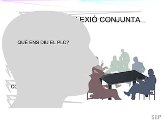 TIL
TASCA 1: REFLEXIÓ CONJUNTA
QUÈ ÉS LA LLENGUA?
COM S’APRÉN LA LLENGUA?
COM S’ENSENYA LLENGUA?
COM S’AVALUA?
TILC
QUÈ ENS DIU EL PLC?
 