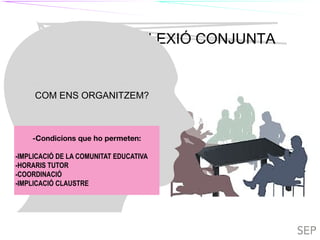 TIL
TASCA 1: REFLEXIÓ CONJUNTA
COM ENS ORGANITZEM?
-Condicions que ho permeten:
-IMPLICACIÓ DE LA COMUNITAT EDUCATIVA
-HORARIS TUTOR
-COORDINACIÓ
-IMPLICACIÓ CLAUSTRE
TILC
 