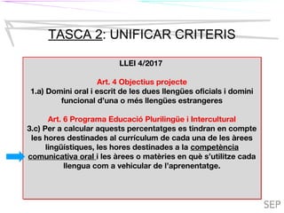 TIL
TASCA 2: UNIFICAR CRITERIS
LLEI 4/2017
Art. 4 Objectius projecte
1.a) Domini oral i escrit de les dues llengües oficials i domini
funcional d’una o més llengües estrangeres
Art. 6 Programa Educació Plurilingüe i Intercultural
3.c) Per a calcular aquests percentatges es tindran en compte
les hores destinades al currículum de cada una de les àrees
lingüístiques, les hores destinades a la competència
comunicativa oral i les àrees o matèries en què s’utilitze cada
llengua com a vehicular de l’aprenentatge.
LLEI 4/2017
Art. 4 Objectius projecte
1.a) Domini oral i escrit de les dues llengües oficials i domini
funcional d’una o més llengües estrangeres
Art. 6 Programa Educació Plurilingüe i Intercultural
3.c) Per a calcular aquests percentatges es tindran en compte
les hores destinades al currículum de cada una de les àrees
lingüístiques, les hores destinades a la competència
comunicativa oral i les àrees o matèries en què s’utilitze cada
llengua com a vehicular de l’aprenentatge.
TILC
 