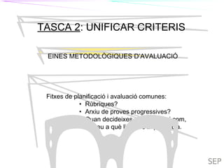 TIL
TASCA 2: UNIFICAR CRITERIS
EINES METODOLÒGIQUES D’AVALUACIÓ
Fitxes de planificació i avaluació comunes:
• Rúbriques?
• Arxiu de proves progressives?
• Quan decideixes què avaluar i com,
es veu a què li dones importància.
TILC
 