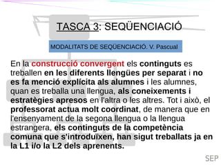 TIL
TASCA 3: SEQÜENCIACIÓ
TILC
MODALITATS DE SEQÜENCIACIÓ. V. Pascual
En la construcció convergent els continguts es
treballen en les diferents llengües per separat i no
es fa menció explícita als alumnes i les alumnes,
quan es treballa una llengua, als coneixements i
estratègies apresos en l'altra o les altres. Tot i això, el
professorat actua molt coordinat, de manera que en
l'ensenyament de la segona llengua o la llengua
estrangera, els continguts de la competència
comuna que s'introduïxen, han sigut treballats ja en
la L1 i/o la L2 dels aprenents.
 
