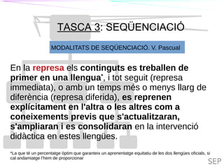 TIL
TASCA 3: SEQÜENCIACIÓ
TILC
MODALITATS DE SEQÜENCIACIÓ. V. Pascual
En la represa els continguts es treballen de
primer en una llengua*
, i tot seguit (represa
immediata), o amb un temps més o menys llarg de
diferència (represa diferida), es reprenen
explícitament en l'altra o les altres com a
coneixements previs que s'actualitzaran,
s'ampliaran i es consolidaran en la intervenció
didàctica en estes llengües.
*La que té un percentatge òptim que garanteix un aprenentatge equitatiu de les dos llengües oficials, si
cal andamiatge l’hem de proporcionar
 