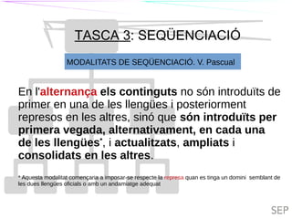 TIL
TASCA 3: SEQÜENCIACIÓ
TILC
MODALITATS DE SEQÜENCIACIÓ. V. Pascual
En l'alternança els continguts no són introduïts de
primer en una de les llengües i posteriorment
represos en les altres, sinó que són introduïts per
primera vegada, alternativament, en cada una
de les llengües*
, i actualitzats, ampliats i
consolidats en les altres.
* Aquesta modalitat començaria a imposar-se respecte la represa quan es tinga un domini semblant de
les dues llengües oficials o amb un andamiatge adequat
 
