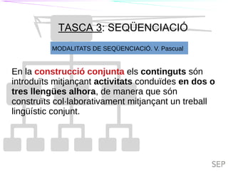 TIL
TASCA 3: SEQÜENCIACIÓ
TILC
MODALITATS DE SEQÜENCIACIÓ. V. Pascual
En la construcció conjunta els continguts són
introduïts mitjançant activitats conduïdes en dos o
tres llengües alhora, de manera que són
construïts col·laborativament mitjançant un treball
lingüístic conjunt.
 