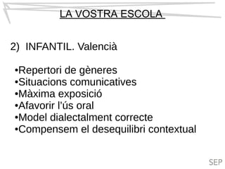 LA VOSTRA ESCOLA
2) INFANTIL. Valencià
●Repertori de gèneres
●Situacions comunicatives
●Màxima exposició
●Afavorir l’ús oral
●Model dialectalment correcte
●Compensem el desequilibri contextual
 