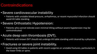 Contraindications
•Severe cardiovascular instability
• Patients with unstable blood pressure, arrhythmias, or recent myocardial infarction should
avoid tilt table standing.
•Severe Orthostatic Hypotension:
• Patients who cannot tolerate even minimal tilting without severe hypotension may be
contraindicated.
•Acute deep vein thrombosis (DVT).
• Patients with known DVT should not undergo tilt table standing until cleared by a physician.
•Fractures or severe joint instability.
• Avoid using tilt tables in patients with recent surgeries or unstable fractures, particularly in
the lower limbs or spine.
 