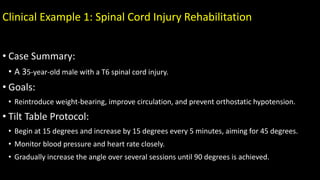 Clinical Example 1: Spinal Cord Injury Rehabilitation
• Case Summary:
• A 35-year-old male with a T6 spinal cord injury.
• Goals:
• Reintroduce weight-bearing, improve circulation, and prevent orthostatic hypotension.
• Tilt Table Protocol:
• Begin at 15 degrees and increase by 15 degrees every 5 minutes, aiming for 45 degrees.
• Monitor blood pressure and heart rate closely.
• Gradually increase the angle over several sessions until 90 degrees is achieved.
 
