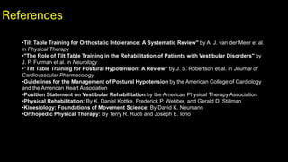 References
•Tilt Table Training for Orthostatic Intolerance: A Systematic Review" by A. J. van der Meer et al.
in Physical Therapy
•"The Role of Tilt Table Training in the Rehabilitation of Patients with Vestibular Disorders" by
J. P. Furman et al. in Neurology
•"Tilt Table Training for Postural Hypotension: A Review" by J. S. Robertson et al. in Journal of
Cardiovascular Pharmacology
•Guidelines for the Management of Postural Hypotension by the American College of Cardiology
and the American Heart Association
•Position Statement on Vestibular Rehabilitation by the American Physical Therapy Association
•Physical Rehabilitation: By K. Daniel Kottke, Frederick P. Webber, and Gerald D. Stillman
•Kinesiology: Foundations of Movement Science: By David K. Neumann
•Orthopedic Physical Therapy: By Terry R. Ruoti and Joseph E. Iorio
 