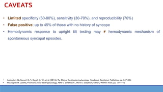 CAVEATS
• Limited specificity (60-80%), sensitivity (30-70%), and reproducibility (70%)
• False positive: up to 45% of those with no history of syncope
• Hemodynamic response to upright tilt testing may ≠ hemodynamic mechanism of
spontaneous syncopal episodes.
• Andrade J. G., Bennett M. T., Deyell M. W., et al. (2016), The Clinical Cardiacelectrophysiology Handbook, Cardiotext Publishing, pp. 347-354
• McLaughlin M. (2009), Practical Clinical Electrophysiology, Peter J. Zimetbaum , Mark E. Josephson, Editors, Wolters Kluer, pp. 179-192
 