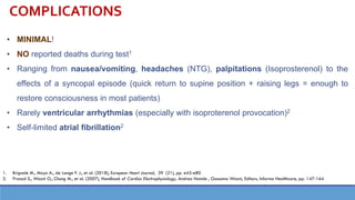 COMPLICATIONS
• MINIMAL!
• NO reported deaths during test1
• Ranging from nausea/vomiting, headaches (NTG), palpitations (Isoprosterenol) to the
effects of a syncopal episode (quick return to supine position + raising legs = enough to
restore consciousness in most patients)
• Rarely ventricular arrhythmias (especially with isoproterenol provocation)2
• Self-limited atrial fibrillation2
1. Brignole M., Moya A., de Lange F. J., et al. (2018), European Heart Journal, 39 (21), pp. e43-e80
2. Prasad S., Wazni O., Chung M., et al. (2007), Handbook of Cardiac Electrophysiology, Andrea Natale , Oussama Wazni, Editors, Informa Healthcare, pp. 147-164
 