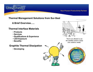 Thermal Management Solutions from Sur-Seal
                                  Sur-

   A Brief Overview…..
     B i fO     i

Thermal Interface Materials
   •P d t
     Products
   • Services
   • Qualifications & Experience
   • LED Exposure
   •BBenefits
          fit

Graphite Thermal Dissipation
   • Developing
           p g
 