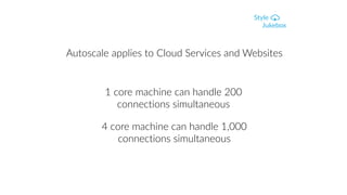 Autoscale applies to Cloud Services and Websites
1 core machine can handle 200
connections simultaneous
4 core machine can handle 1,000
connections simultaneous
 