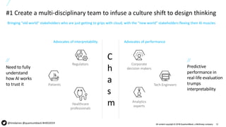 12All content copyright © 2019 QuantumBlack, a McKinsey company 12All content copyright © 2018 QuantumBlack, a McKinsey company
#1 Create a multi-disciplinary team to infuse a culture shift to design thinking
Bringing “old world” stakeholders who are just getting to grips with cloud, with the “new world” stakeholders flexing their AI muscles
Need to fully
understand
how AI works
to trust it
Predictive
performance in
real-life evaluation
trumps
interpretability
Patients
Regulators
Healthcare
professionals
Advocates of interpretability
Tech Engineers
Corporate
decision makers
Analytics
experts
Advocates of performance
C
h
a
s
m
@timdaines @quantumblack #HXD2019
 