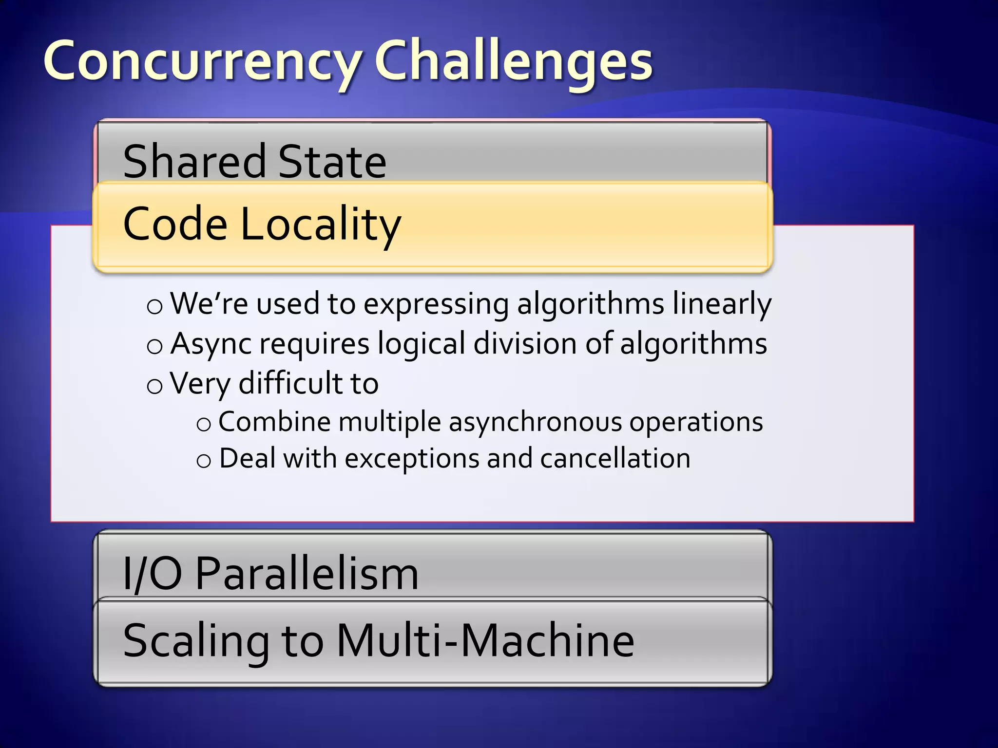 Shared State
Code Locality
 o We’re used to expressing algorithms linearly
 o Async requires logical division of algorithms
 o Very difficult to
    o Combine multiple asynchronous operations
    o Deal with exceptions and cancellation


I/O Parallelism
Scaling to Multi-Machine
 