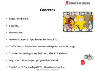 http://www.oracle-base.com
Concerns
§ Legal	Jurisdiction.
§ Security.
§ Governance.
§ Network	Latency	:	App	Server,	DB	links,	ETL.
§ Traffic	Costs	:	Some	cloud	services	charge	for	network	usage.
§ Transfer	Technology	:	Are	SQL*Net,	SSH,	FTP	allowed?
§ Migration	:	How	do	you	get	your	data	there?
§ Total	Cost	of	Ownership	(TCO)	:	Hard	to	determine.
 