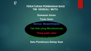 PERATURAN PERMAINAN BAGI
TIM KENDALI MUTU
Q
Kawasan Aman
Tiada Gelar
Semua Berpartisipasi
Tak Ada yang Mendominasi
Tetap pada Jalur
Mendengarkan dengan Tekun
Satu Pembicara Setiap Saat
 